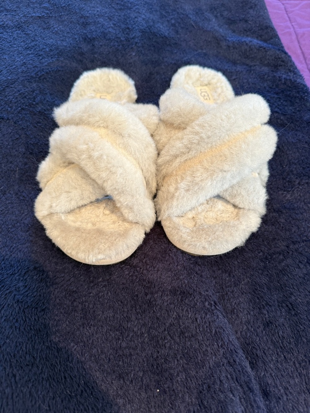 UGG Fluff Crisscross Sheepskin Slides in Beige